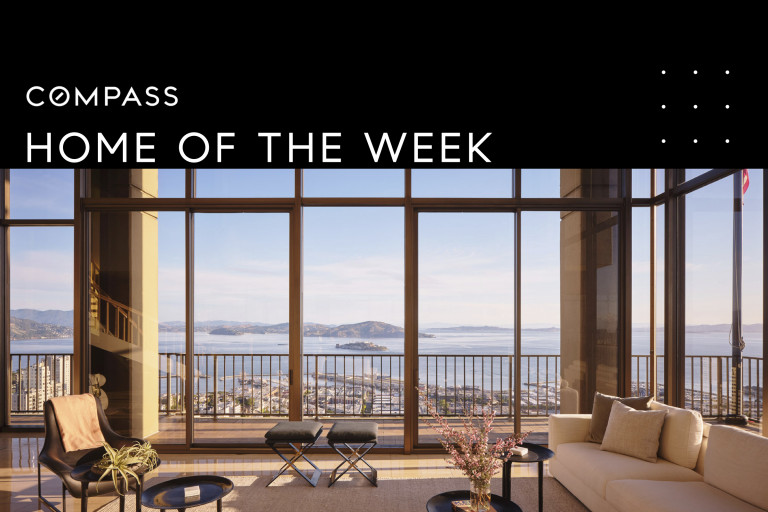 999 Green St Home of the week banner with image of living area and plate glass window walls SF skyline view
